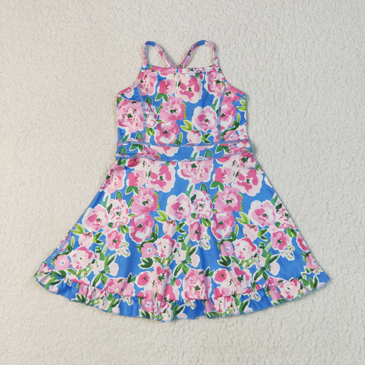 GSD2284  Pink Flowers Blue Print Girls Summer Knee Length Shorts Yoga Dress