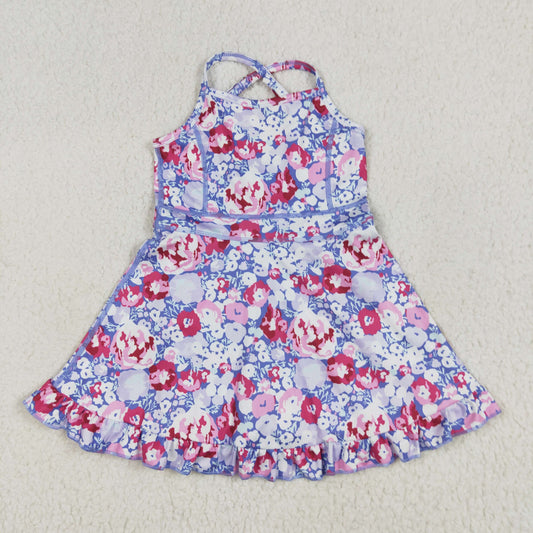 GSD2285  Purple Flowers Print Girls Summer Knee Length Shorts Yoga Dress