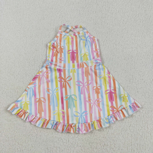 GSD2288  Colorful Bows Stripes Print Girls Summer Knee Length Shorts Yoga Dress