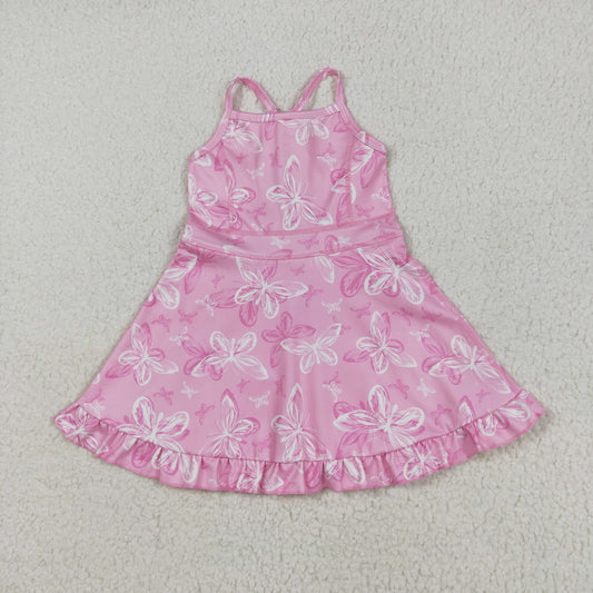 GSD2292  Butterfly Pink Print Girls Summer Knee Length Shorts Yoga Dress