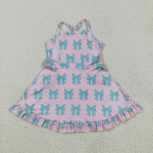 GSD2293   Green Bows Pink Print Girls Summer Knee Length Shorts Yoga Dress