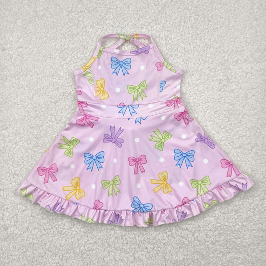 GSD2294   Colorful Bows Pink Print Girls Summer Knee Length Shorts Yoga Dress
