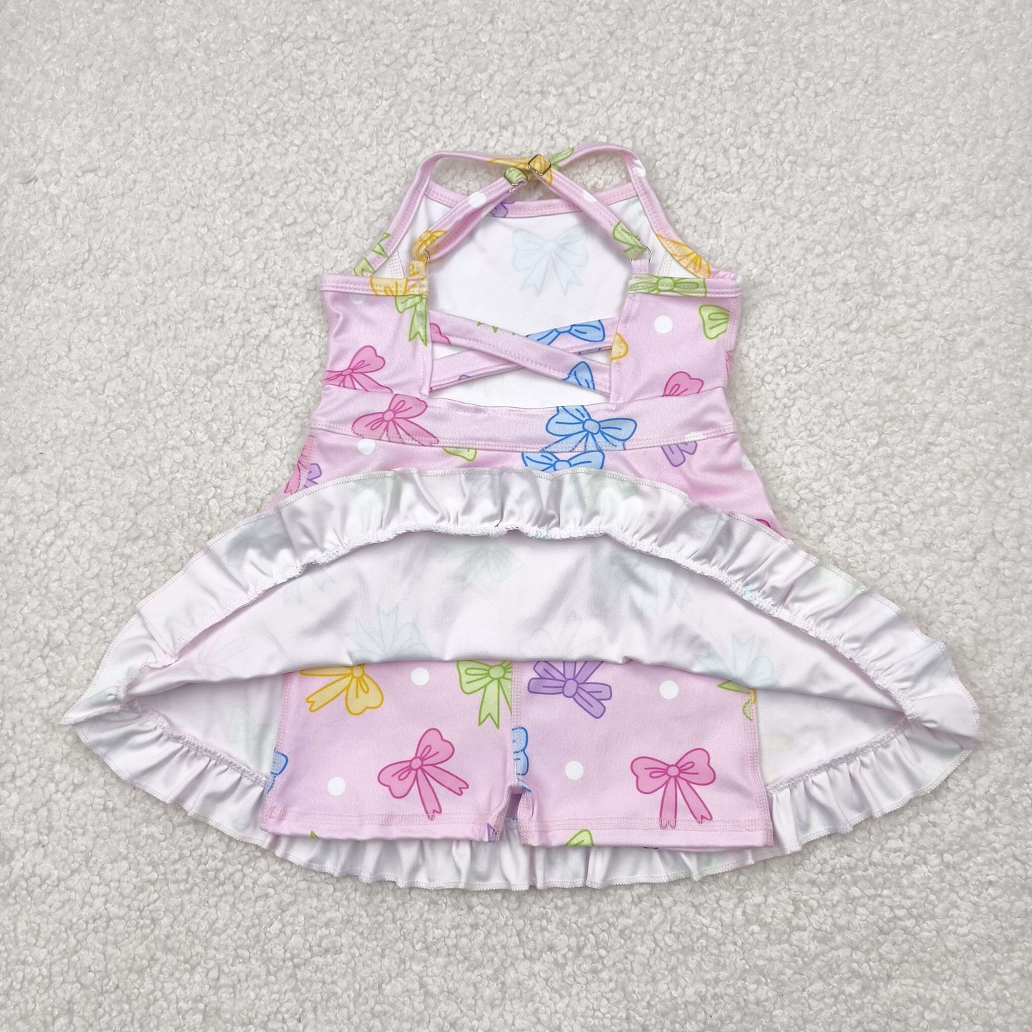 GSD2294   Colorful Bows Pink Print Girls Summer Knee Length Shorts Yoga Dress
