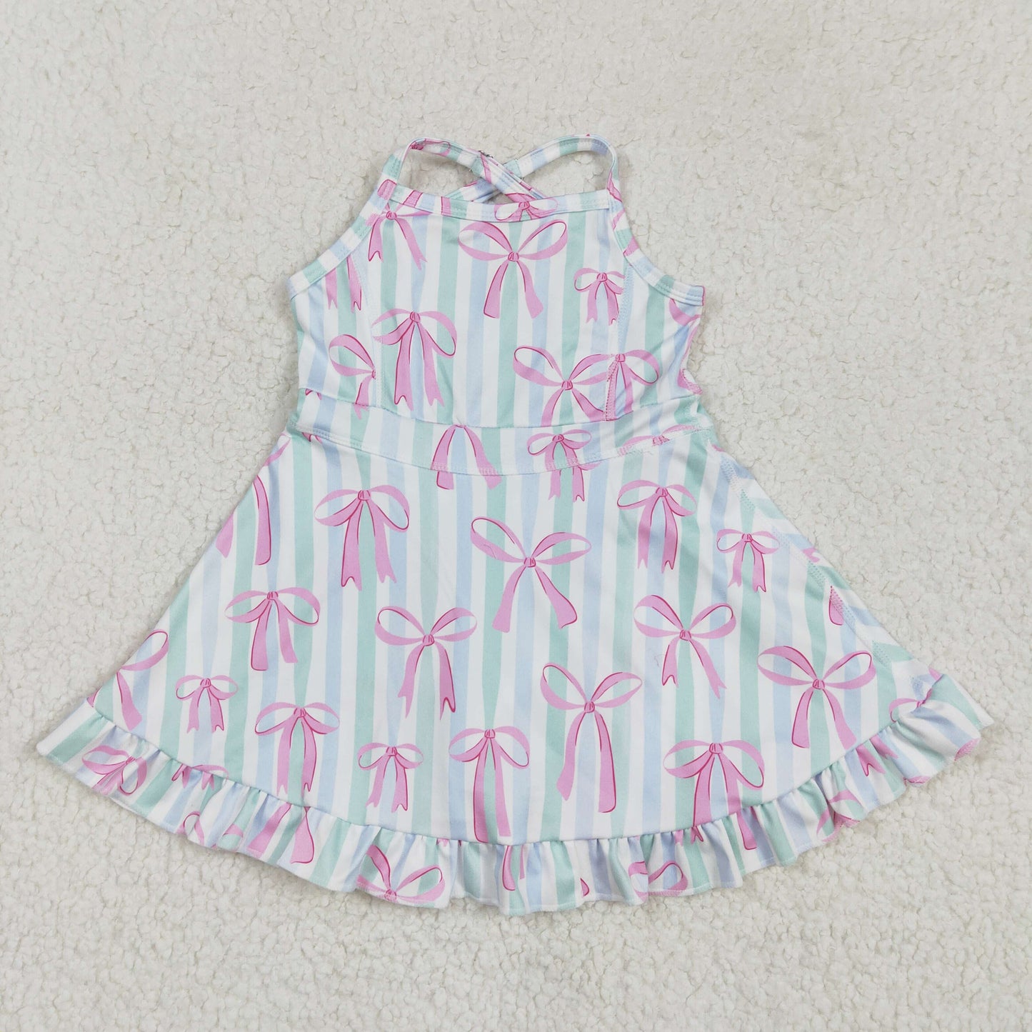 GSD2297   Bows Stripes Print Girls Summer Knee Length Shorts Yoga Dress