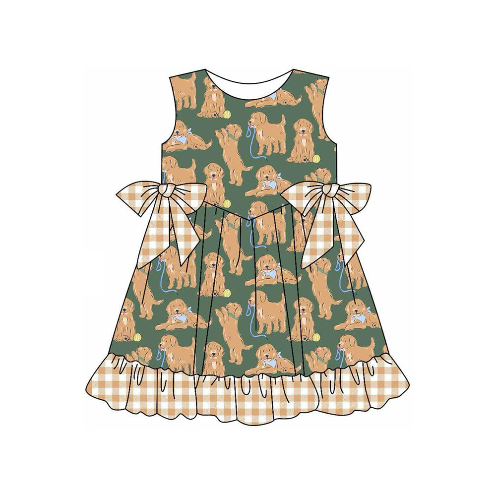 (Pre-order)GSD2299  Dog Plaid Print Girls Summer Knee Length Dress