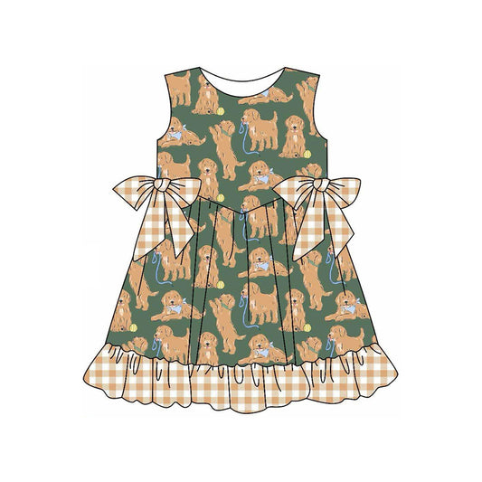(Pre-order)GSD2299  Dog Plaid Print Girls Summer Knee Length Dress