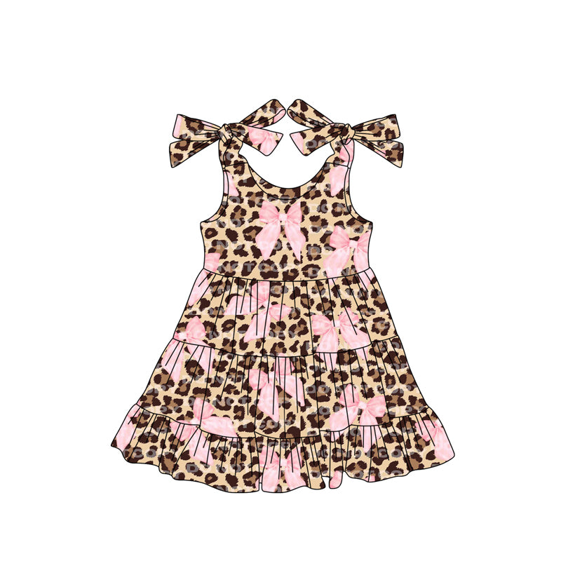 (Pre-order)GSD2300  Leopard Pink Bows Print Girls Summer Knee Length Dress