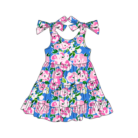 (Pre-order)GSD2302  Pink Flowers Blue Print Girls Summer Knee Length Dress