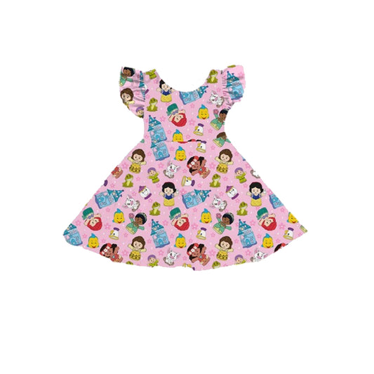 (Pre-order)GSD2305  Cartoon Princess Pink Print Girls Summer Knee Length Dress