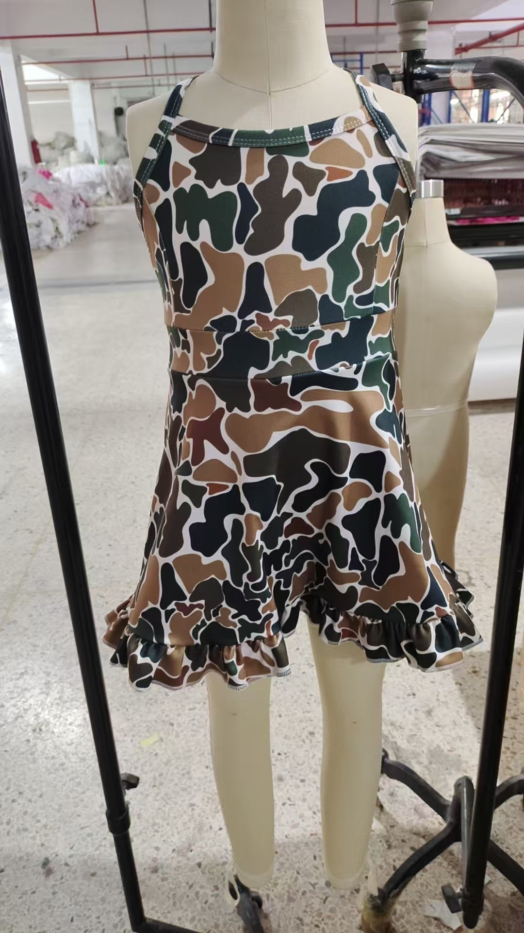 GSD2309 Brown Camo Print Girls Summer Knee Length Shorts Yoga Dress