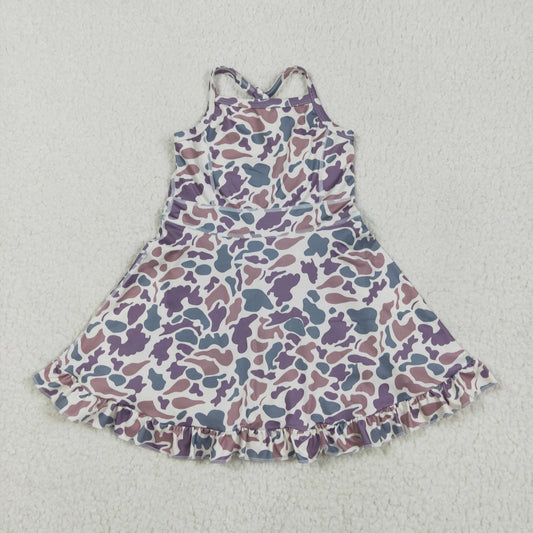 GSD2310 Green Purple Camo Print Girls Summer Knee Length Shorts Yoga Dress