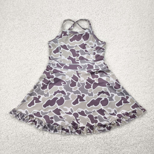 GSD2312 Dark Brown Camo Print Girls Summer Knee Length Shorts Yoga Dress