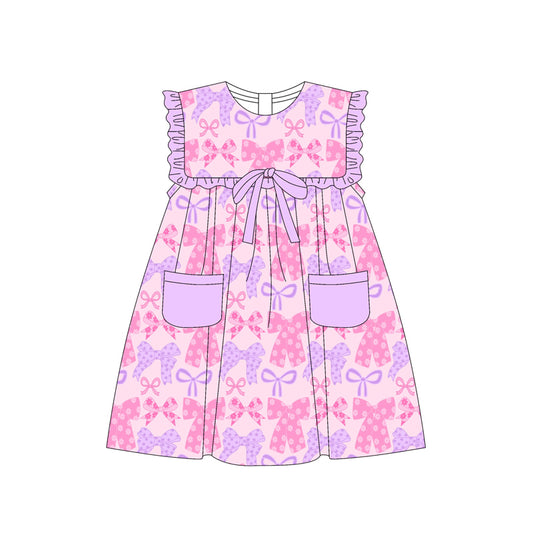 (Pre-order)GSD2319 Pink Purple Bows Flowers Print Girls Summer Knee Length Dress