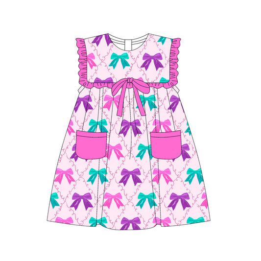 (Pre-order)GSD2320 Pink Green Purple Bows Print Girls Summer Knee Length Dress