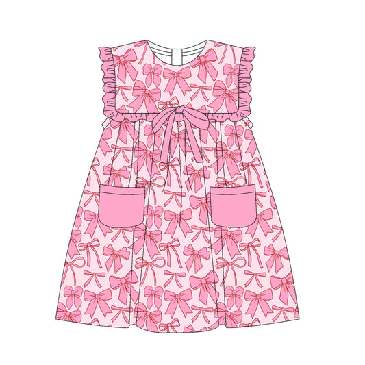 (Pre-order)GSD2321 Pink Bows Print Pockets Girls Summer Knee Length Dress