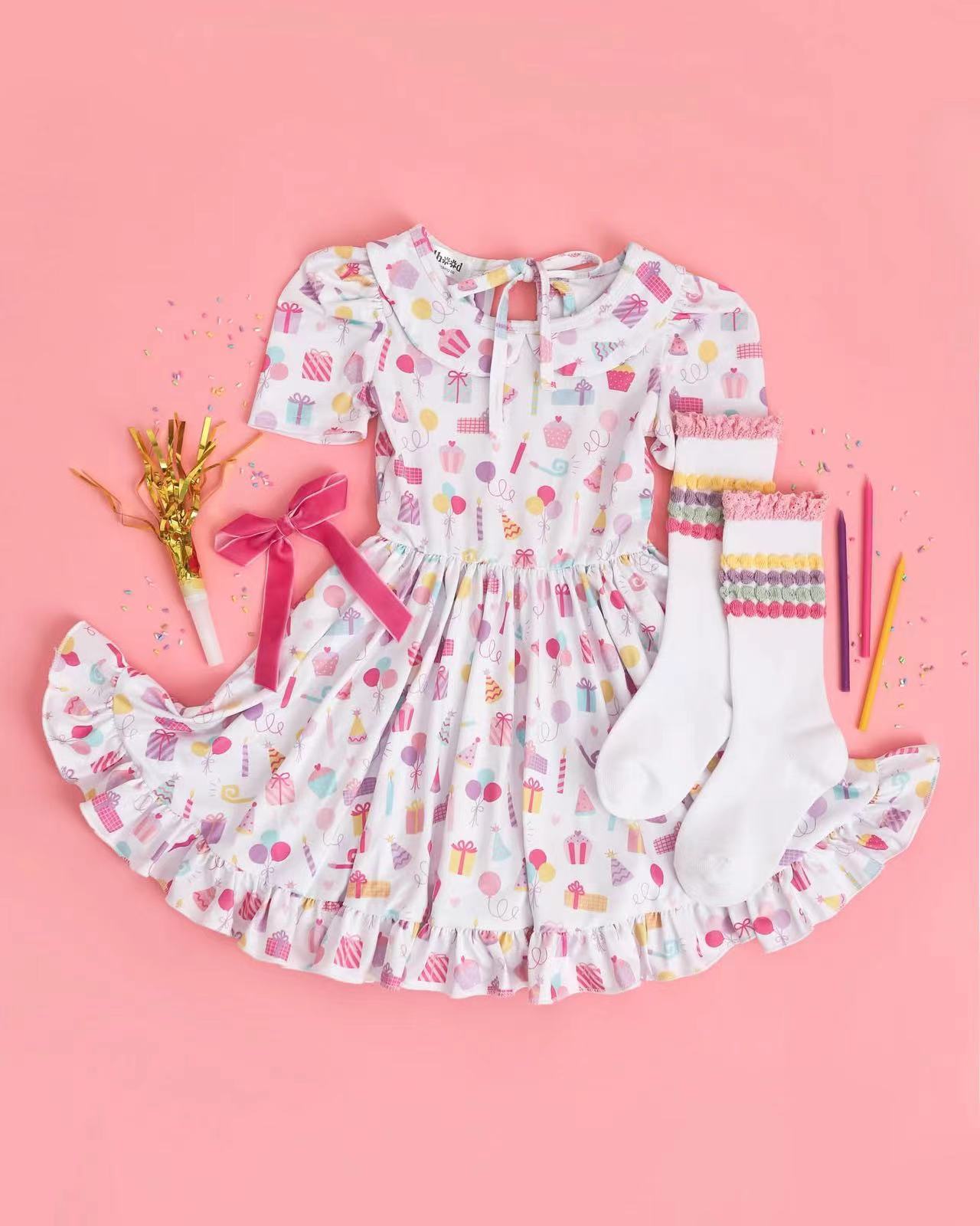 (Pre-order)GSD2325 Cake Gifts White Print Girls Summer Birthday Knee Length Dress