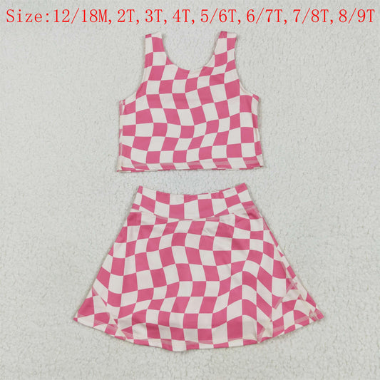 GSD2329 Hot Pink Plaid Tank Top Girls Summer Shorts Skirts Knee Length Yoga Clothes Set