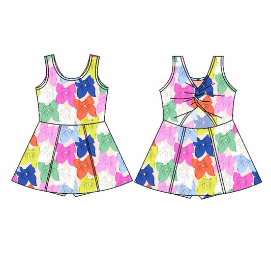 (Pre-order)GSD2339 Colorful Bows Print Girls Summer Knee Length Shorts Yoga Dress