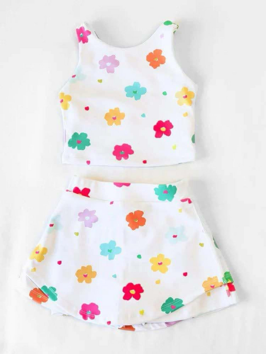 (Pre-order)GSD2347 Colorful Flowers Tank Top Skirts Shorts Girls Yoga Outfits