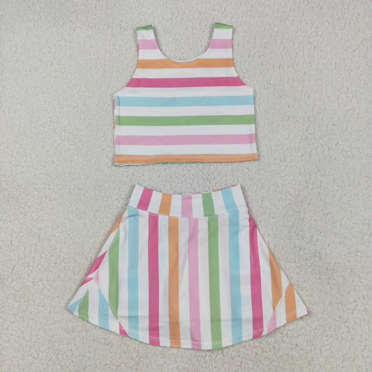GSD2348 Colorful Stripes Tank Top Girls Summer Shorts Skirts Knee Length Yoga Clothes Set