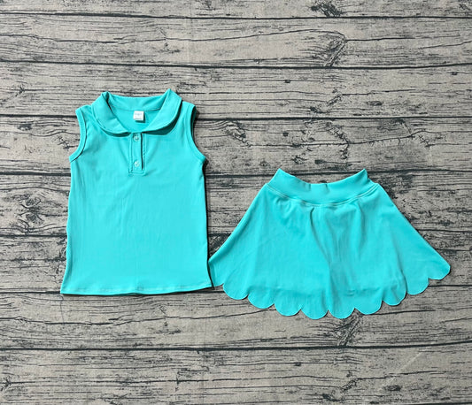 (Pre-order)GSD2349 Green Color Sleeveless Polo Top Skirts Girls Yoga Outfits