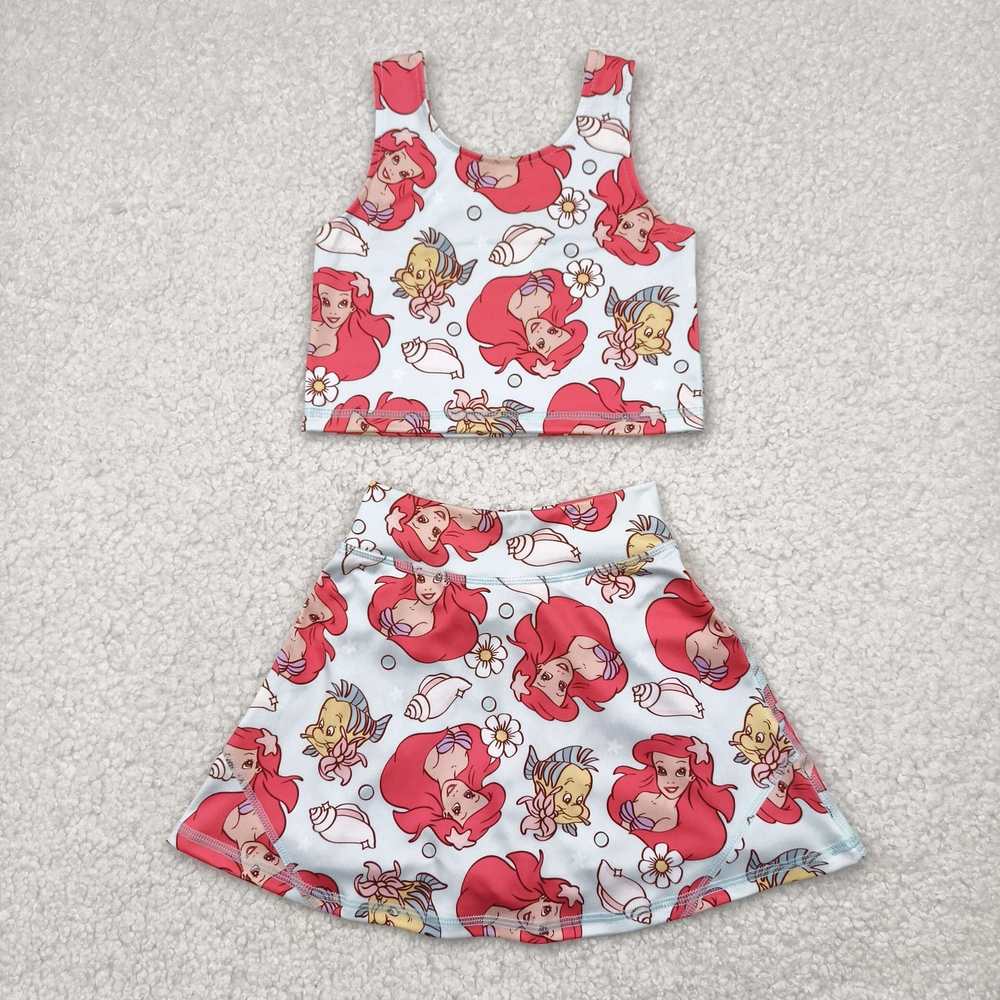 GSD2354 Cartoon Princess Mermaid Tank Top Skirts Shorts Girls Summer Yoga Clothes Set