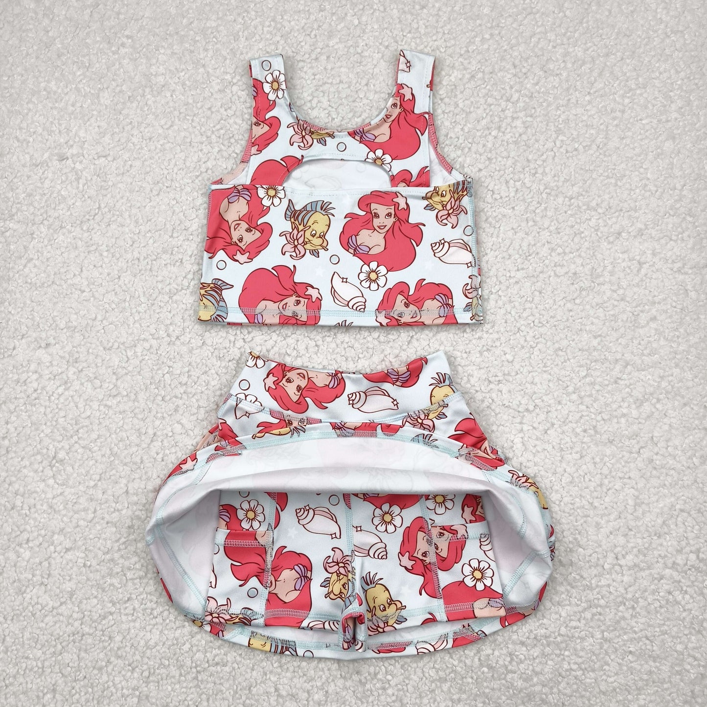 GSD2354 Cartoon Princess Mermaid Tank Top Skirts Shorts Girls Summer Yoga Clothes Set