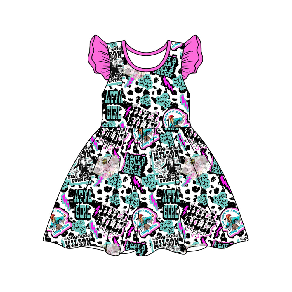 (Pre-order)GSD2355 Country Star Singer Wilson Print Girls Summer Knee Length Dress