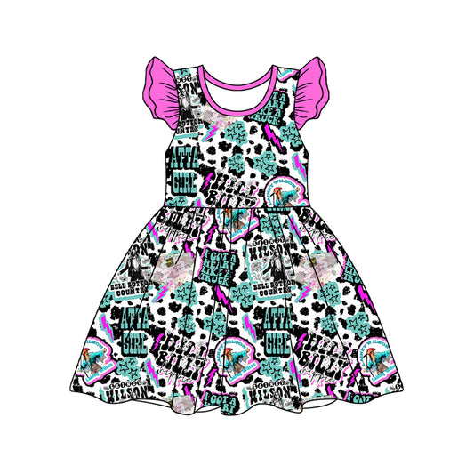 (Pre-order)GSD2355 Country Star Singer Wilson Print Girls Summer Knee Length Dress