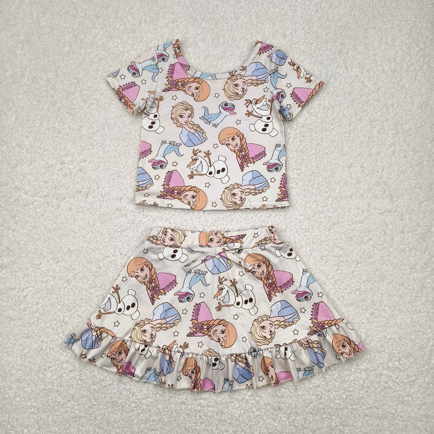 GSD2358 Cartoon Princess Snowman Top Skirts Shorts Girls Summer Clothes Set