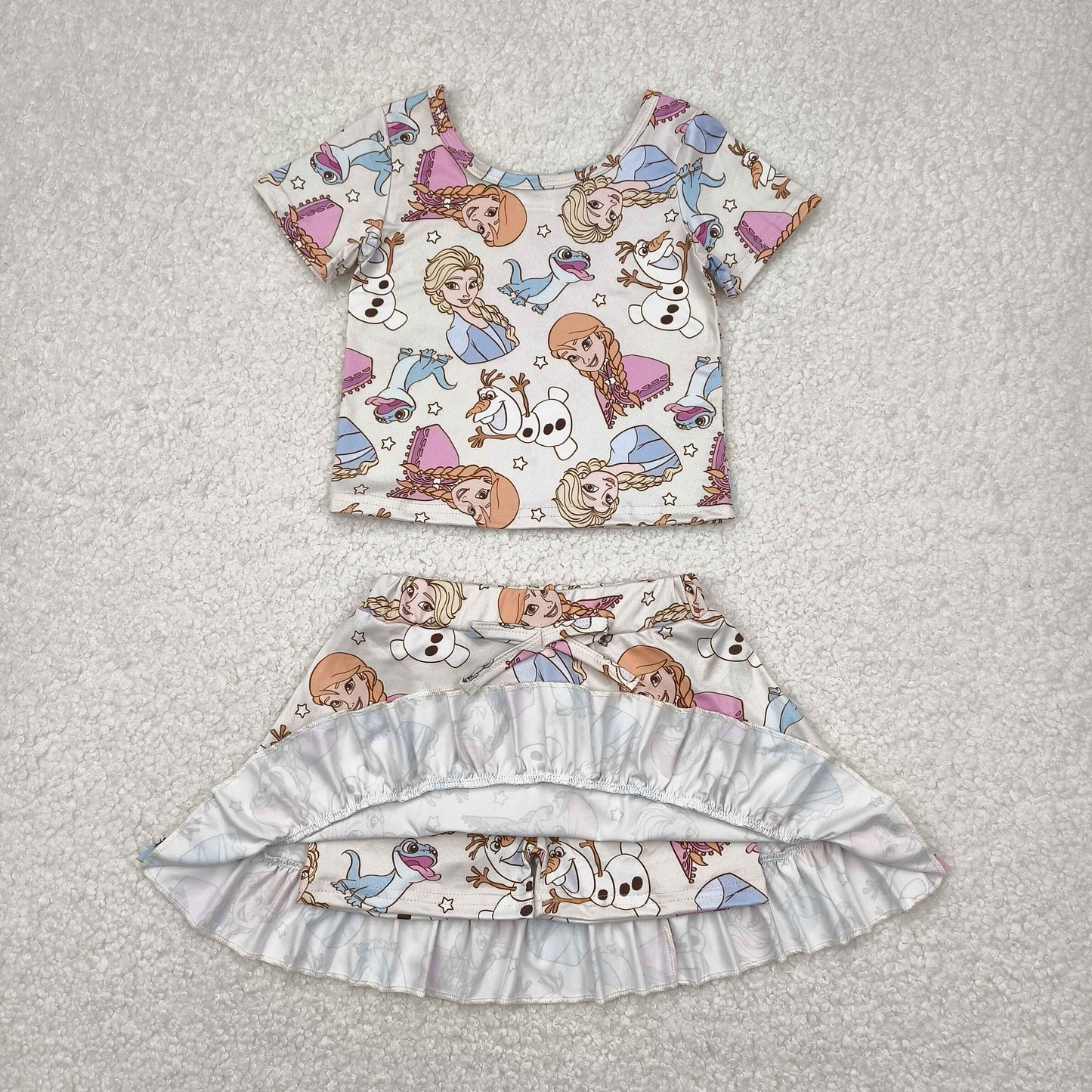 GSD2358 Cartoon Princess Snowman Top Skirts Shorts Girls Summer Clothes Set