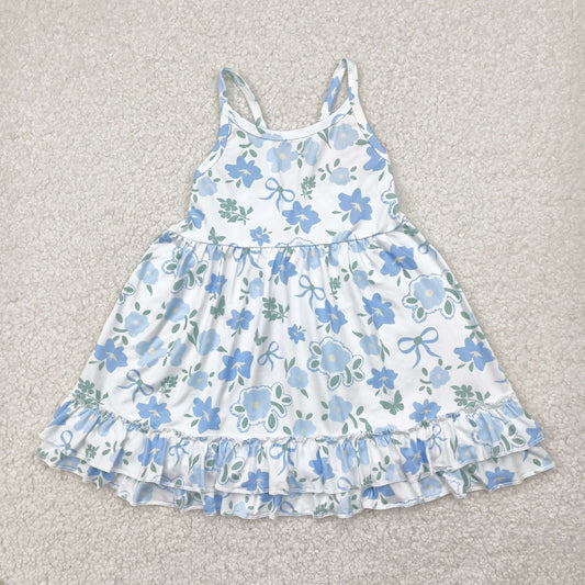 GSD2377 Blue Flowers Bows Print Girls Summer Knee Length Dress