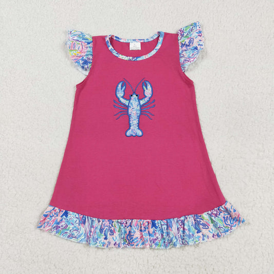 GSD2398 Crayfish Embroidery Seaweed Hot Pink Girls Summer Knee Length Dress
