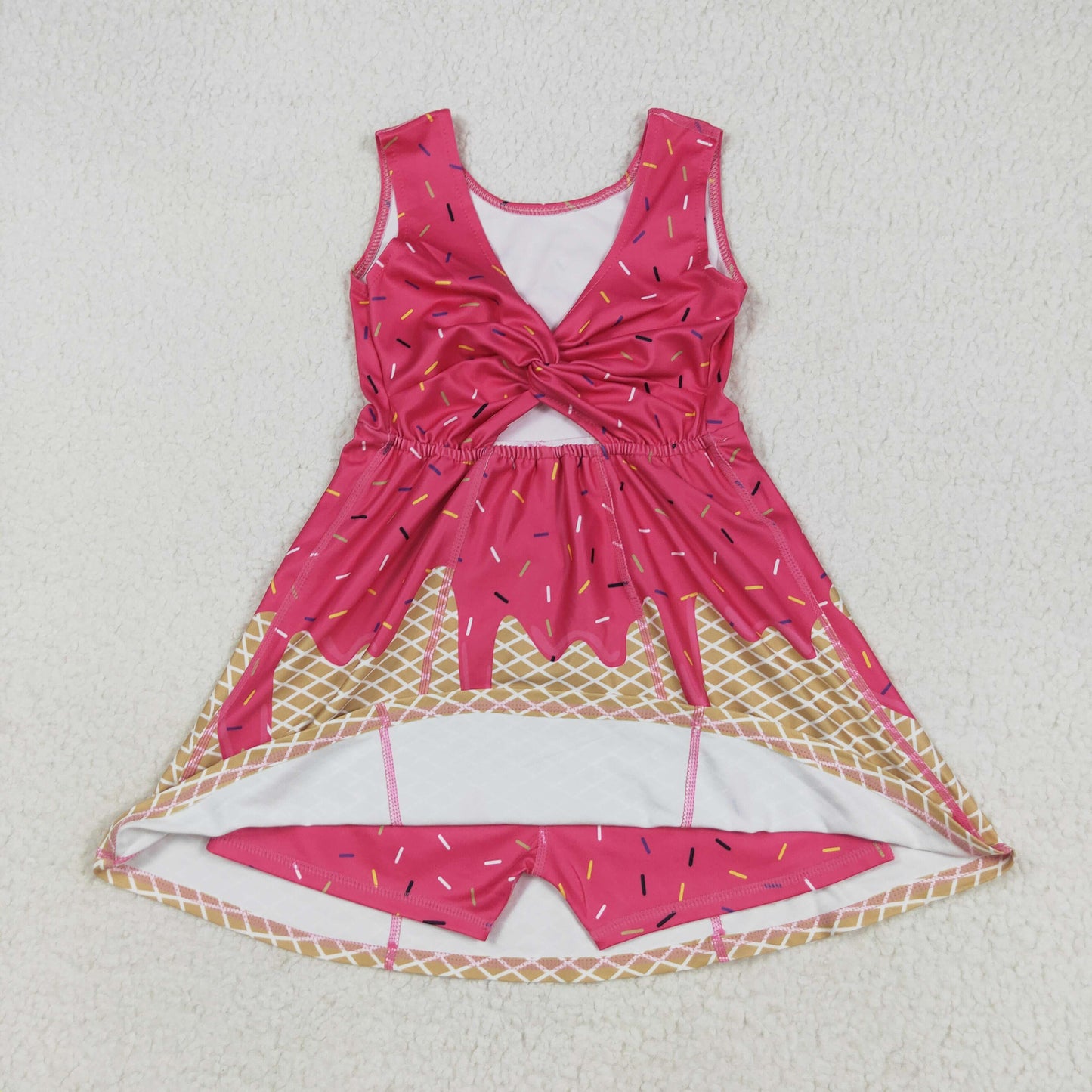 GSD2427  Ice Cream Hot Pink Sprinkles Print Girls Backless Summer Shorts Knee Length Yoga Dress