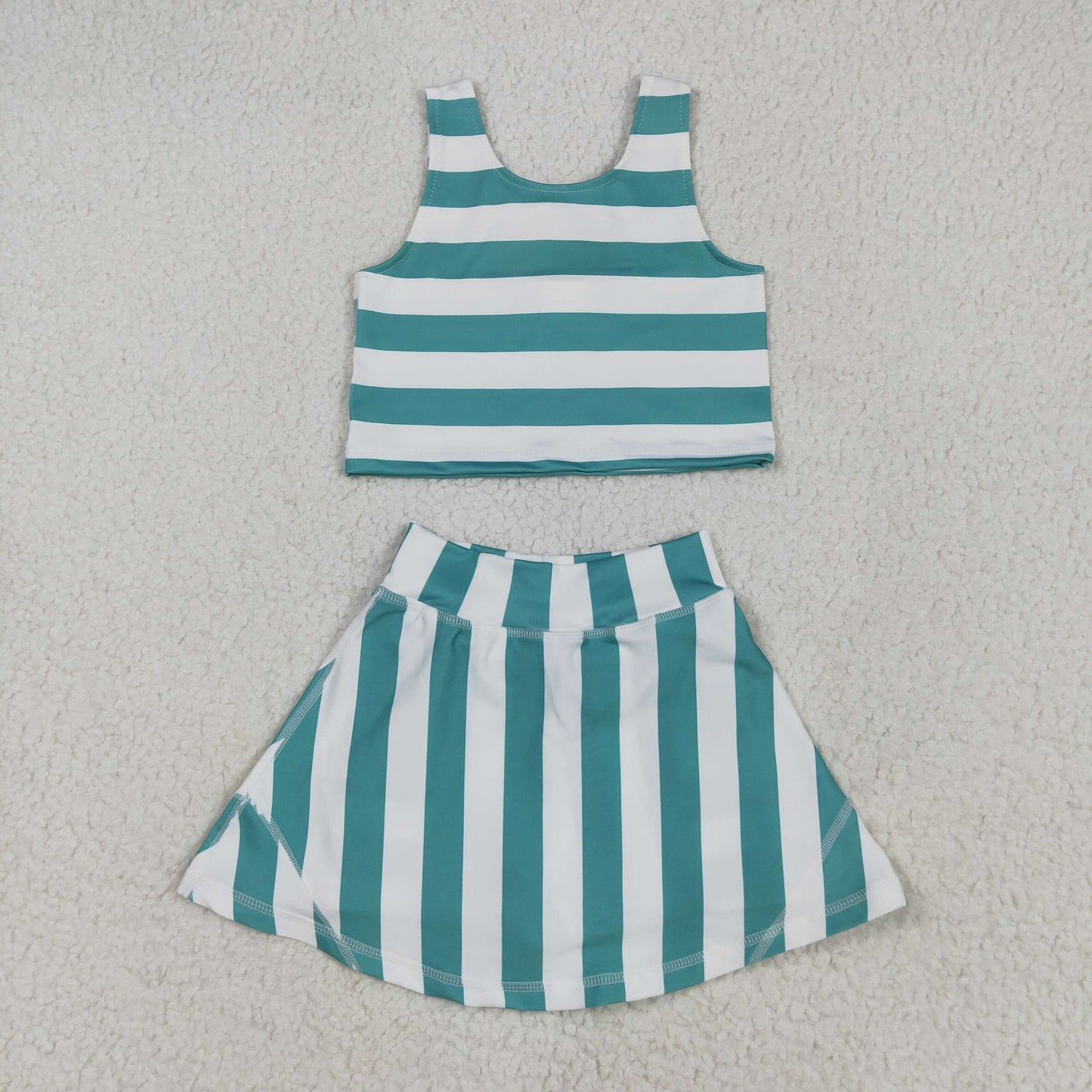 GSD2432  Green Stripes Print Girls Summer Shorts Skirts Knee Length Yoga Clothes Set