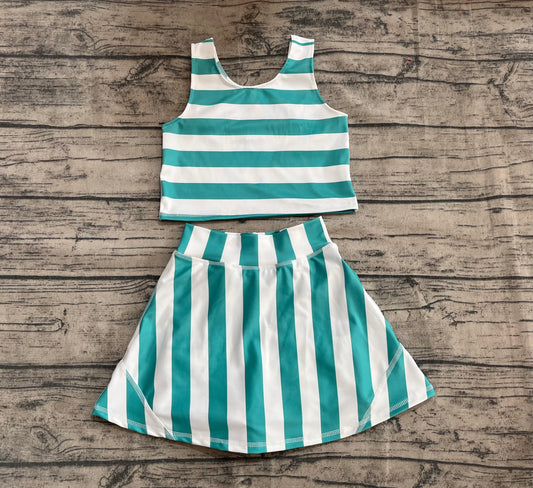 (Pre-order)GSD2432  Green Stripes Print Girls Summer Shorts Skirts Knee Length Yoga Clothes Set