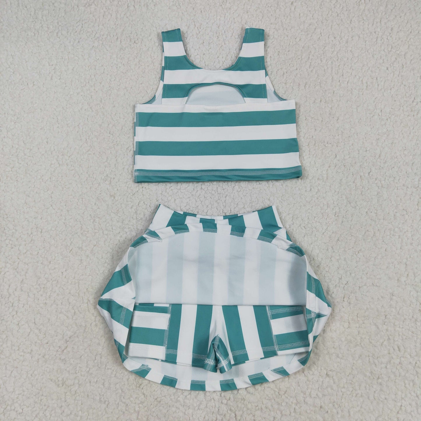 GSD2432  Green Stripes Print Girls Summer Shorts Skirts Knee Length Yoga Clothes Set