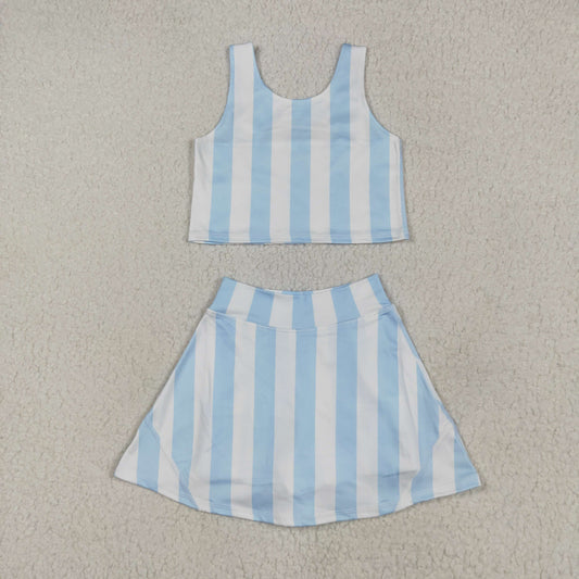 GSD2433 Blue Stripes Tank Top Skirts Shorts Girls Summer Yoga Clothes Set