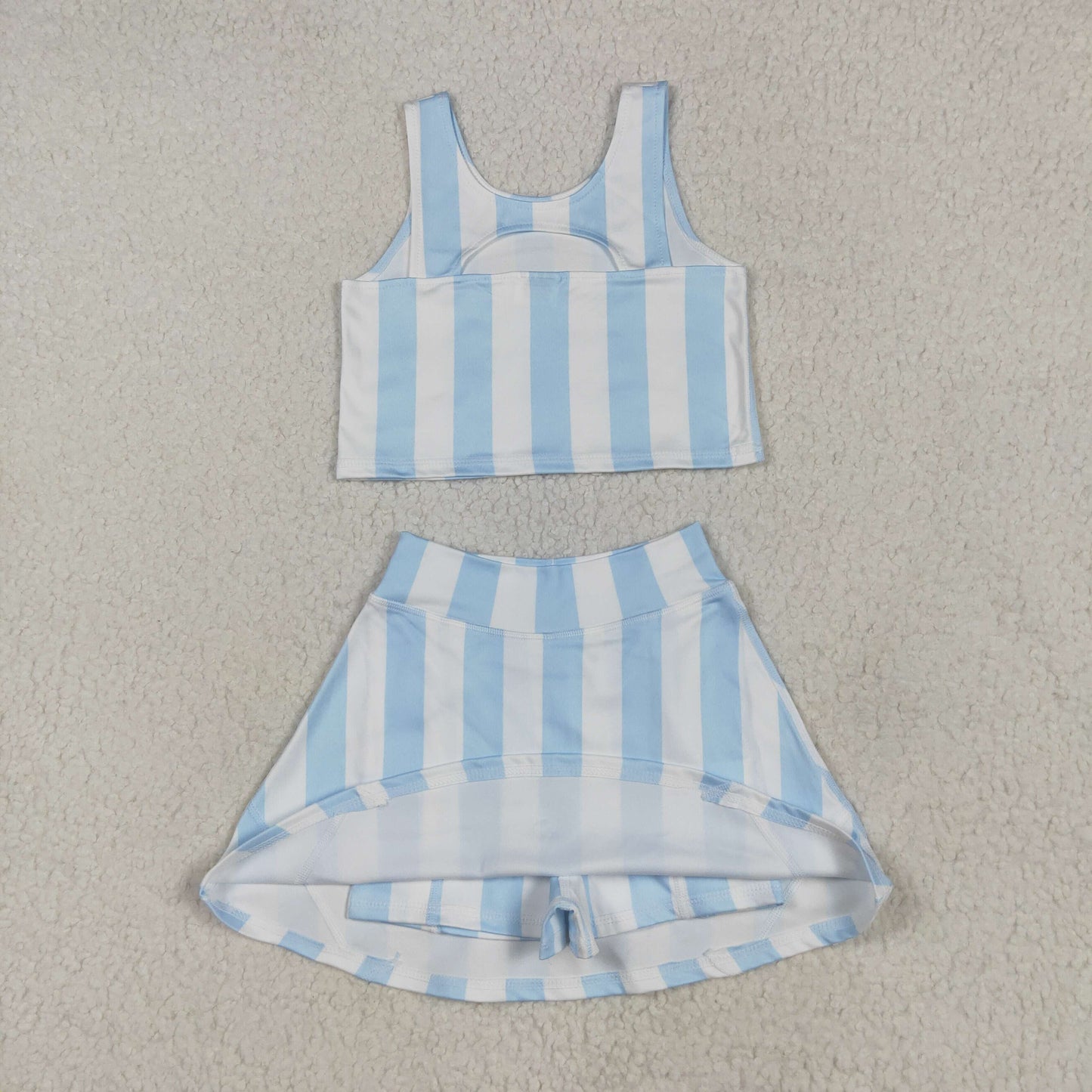 GSD2433 Blue Stripes Tank Top Skirts Shorts Girls Summer Yoga Clothes Set