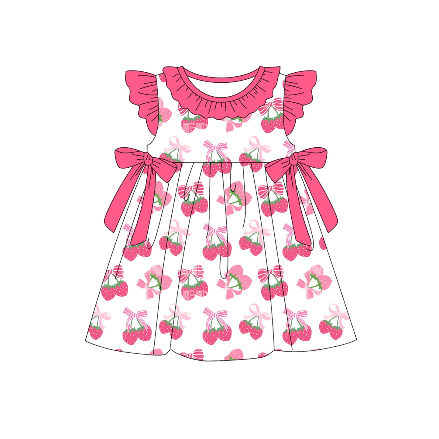 (Pre-order)GSD2455 Strawberry Pink Bows Print Girls Summer Knee Length Dress