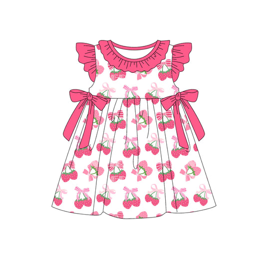 (Pre-order)GSD2455 Strawberry Pink Bows Print Girls Summer Knee Length Dress
