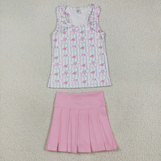 GSD2457 Flowers Bows Tank Top Pink Shorts Skirts Girls Summer Yoga Outfits
