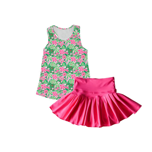(Pre-order)GSD2458 Pink Green Flowers Top Hot Pink Skirts Girls Summer Yoga Outfits