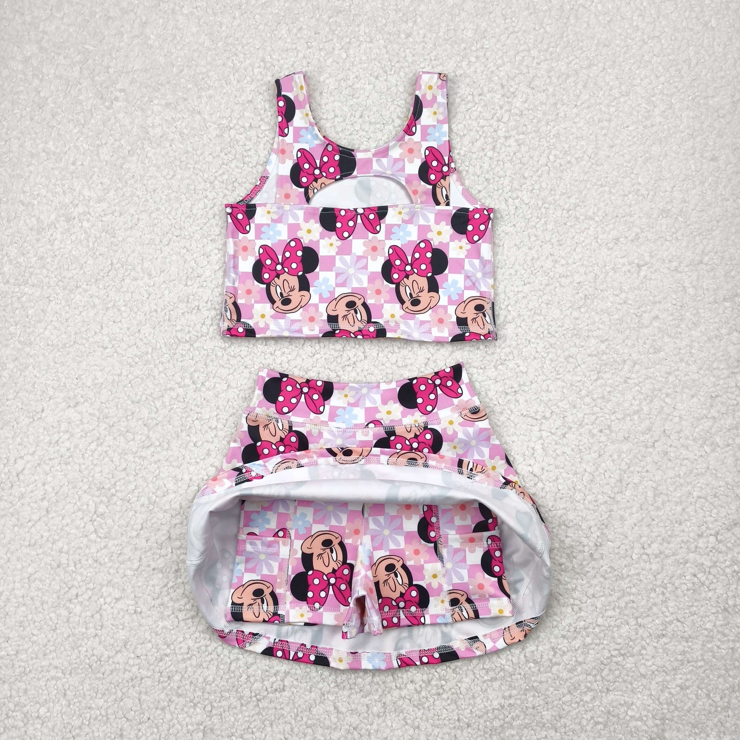 GSD2460 Cartoon Mouse Pink Top Shorts Skirts Girls Summer Yoga Outfits