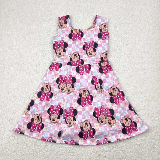 GSD2461 Cartoon Mouse Pink Backless Girls Summer Knee Length Yoga Dress