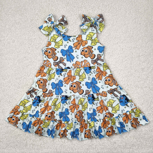 GSD2462 Cartoon Fish Bows Print Girls Summer Knee Length Dress