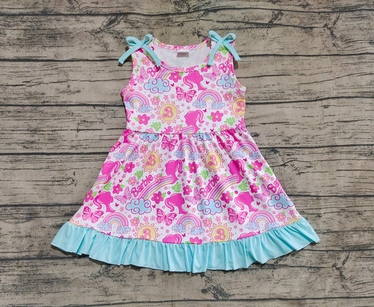 (Pre-order)GSD2463 Rainbow Pink BA Flowers Print Girls Summer Knee Length Dress