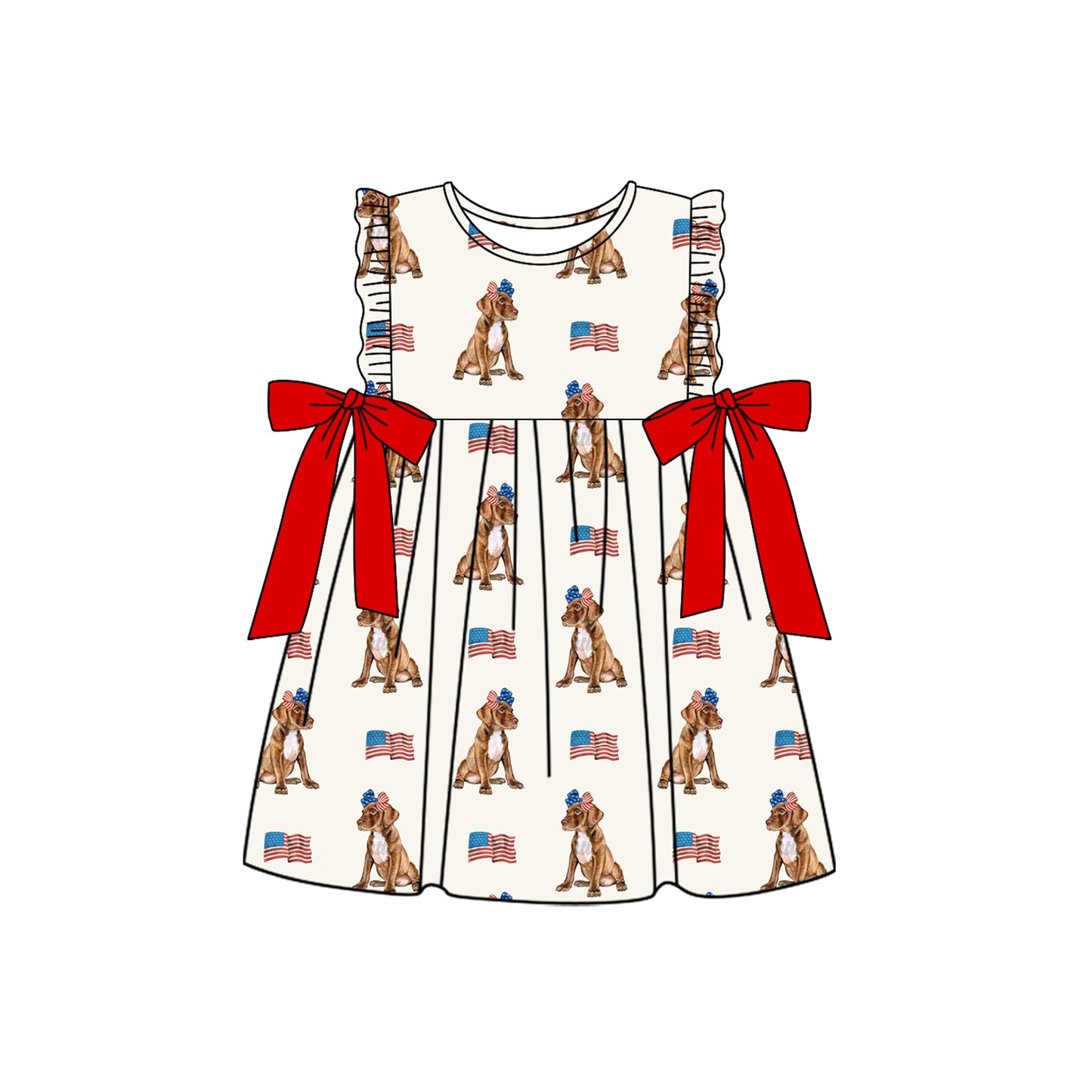 (Pre-order)GSD2466 Dog Flag Print Girls 4th of July Knee Length Dress