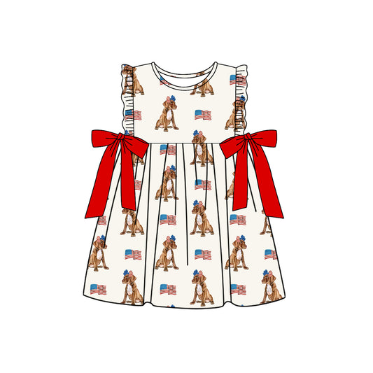 (Pre-order)GSD2466 Dog Flag Print Girls 4th of July Knee Length Dress