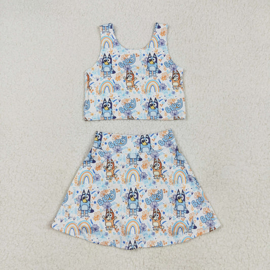 GSD2469 Cartoon Dog Flowers Rainbow Tank Top Shorts Skirts Girls Summer Yoga Outfits